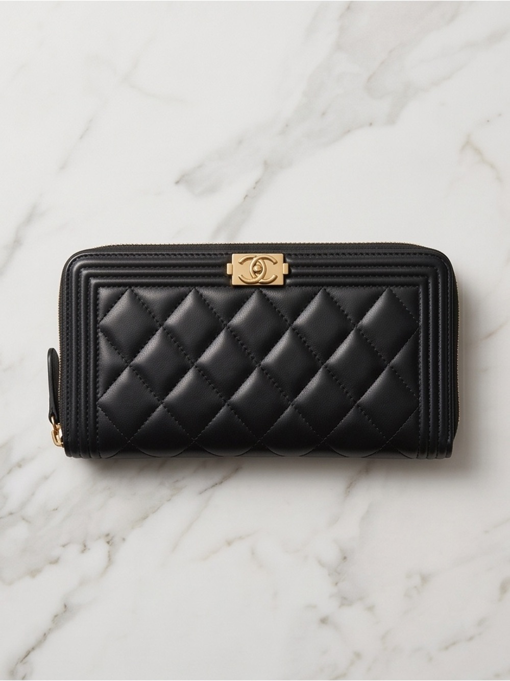 CHANEL Boy Black Quilted Leather Zip Wallet with Gold CC Accent